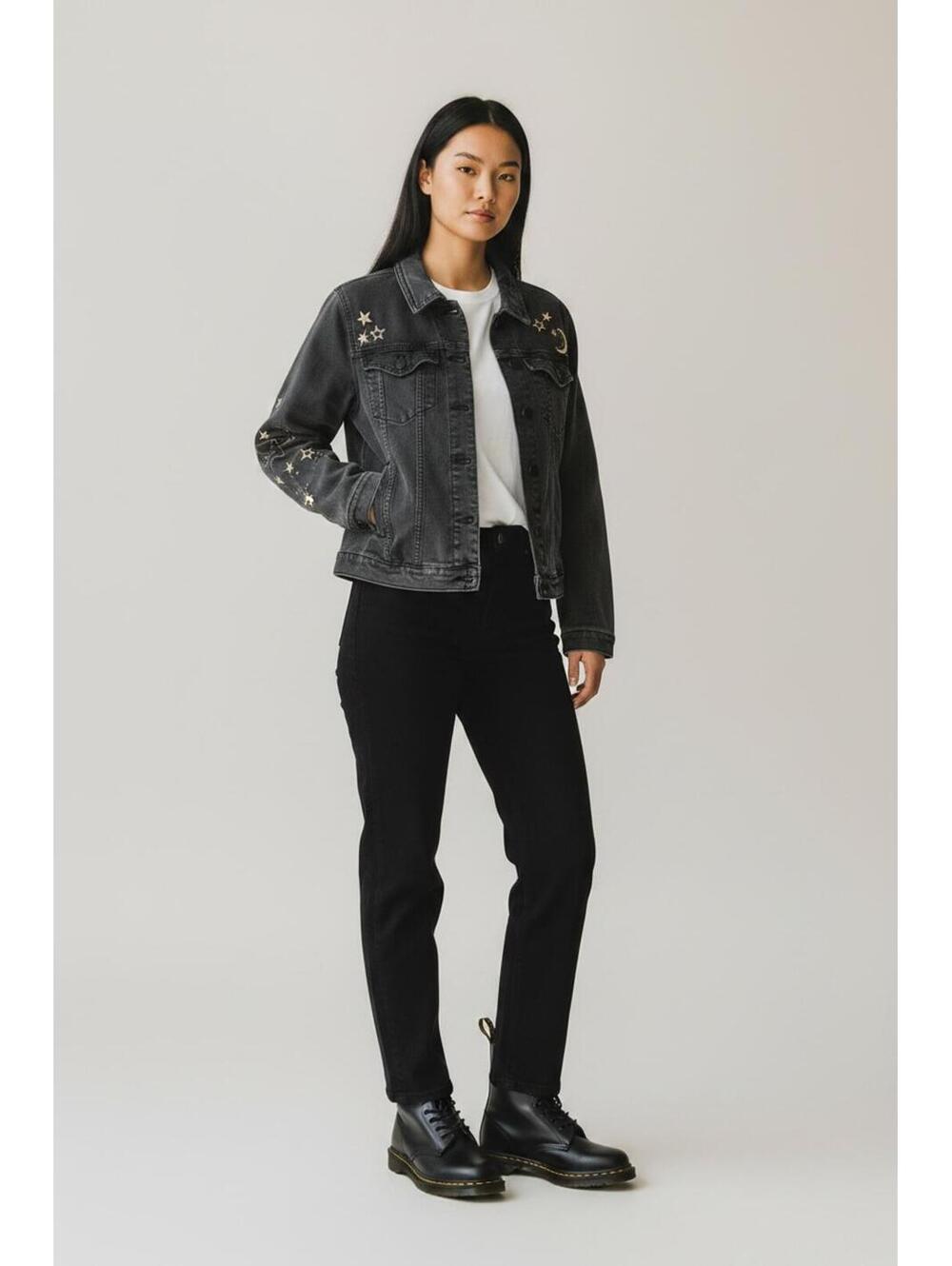 Cactus + Pearl Star Studded Denim Jacket Celestial Moon Embroidered Black, Sz L